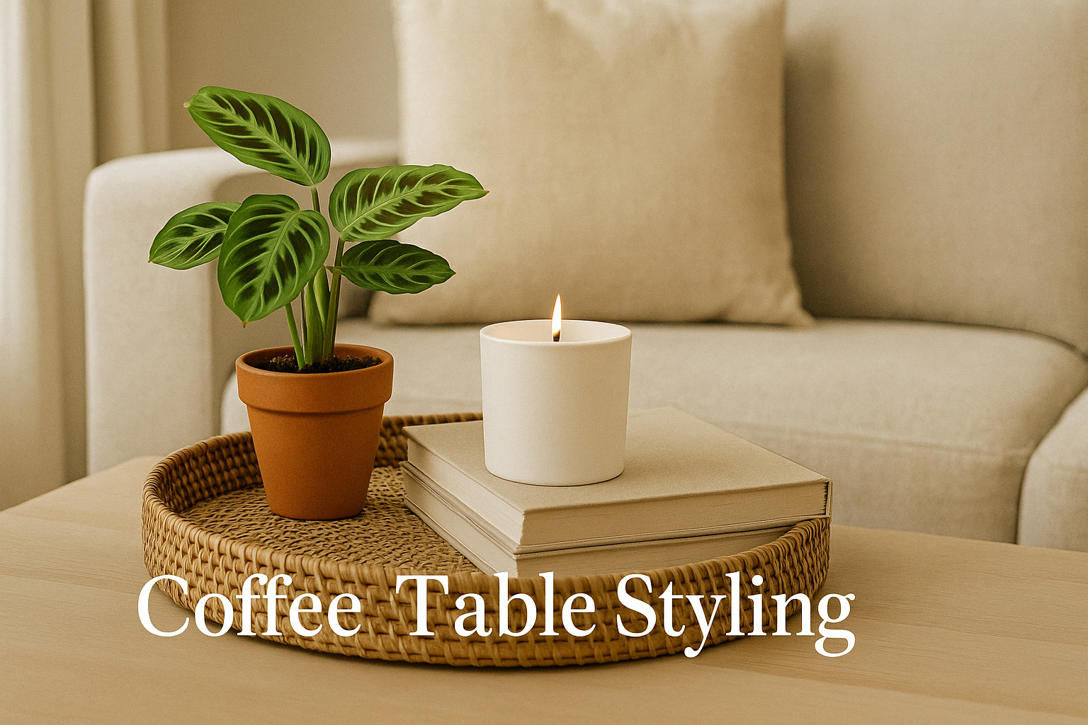 Coffee table styling with a small terracotta potted plant, a white candle, and hardcover books on a wicker tray placed in a cozy beige-toned living room setup